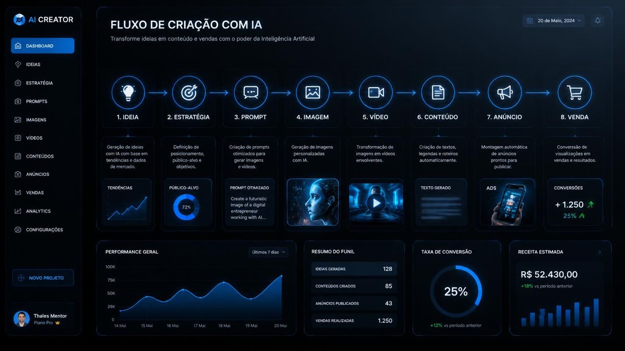 Fluxo do método: ideia, estratégia, prompt, imagem, vídeo, conteúdo, anúncio e venda