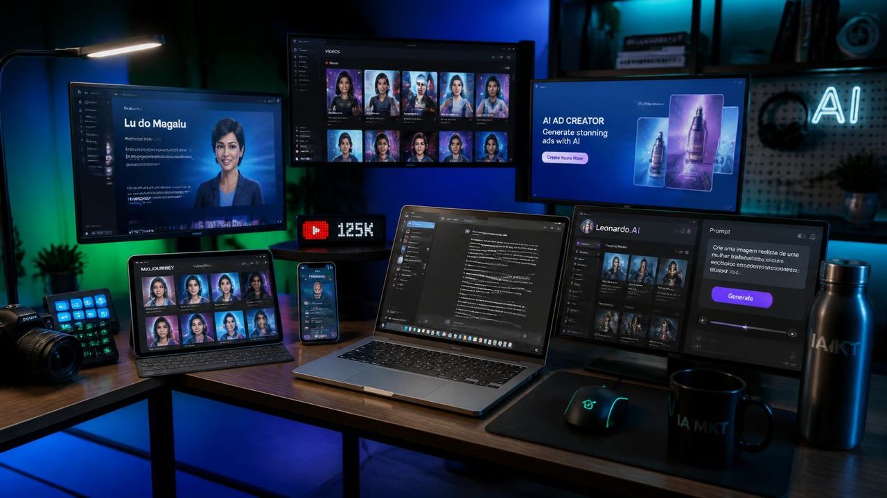 Mesa de criação de conteúdo com telas exibindo influenciadores virtuais, vídeos e prompts de IA