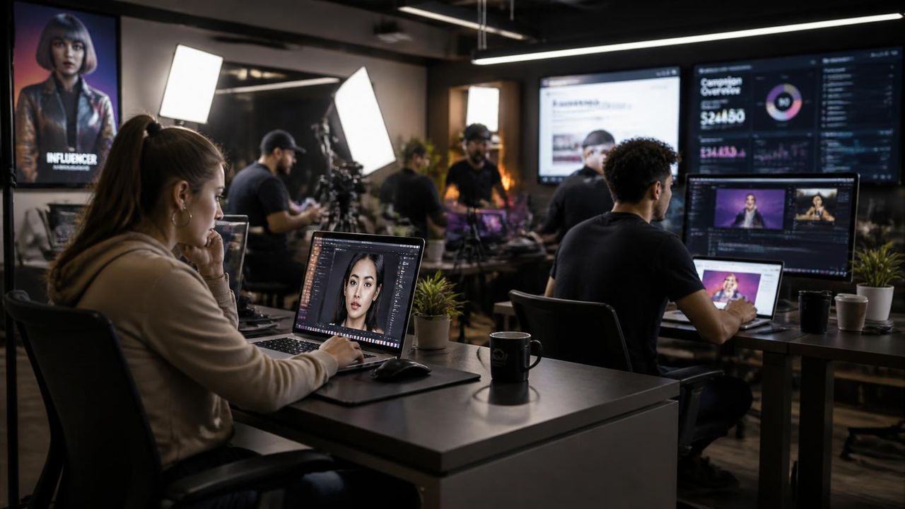 Criadores de conteúdo produzindo vídeos, campanhas e influenciadores virtuais em um coworking moderno